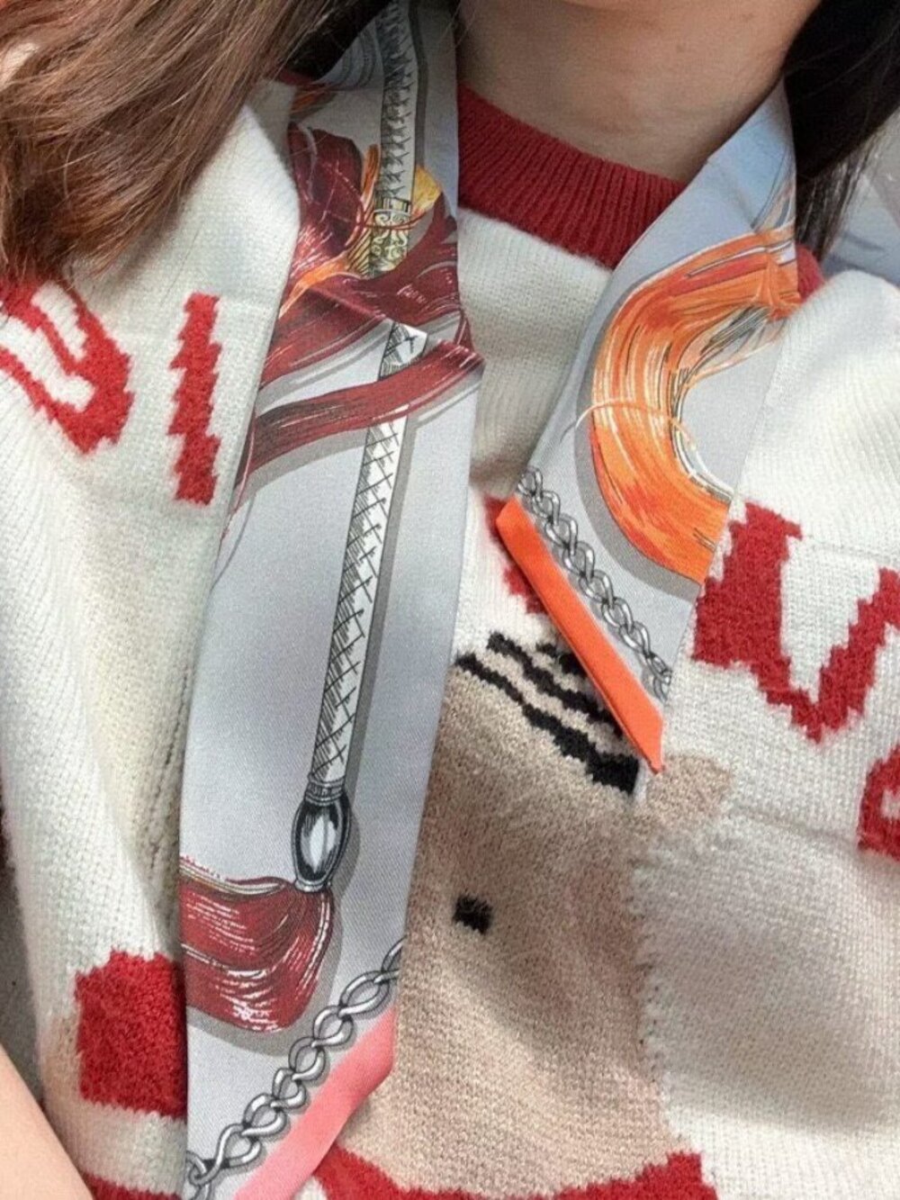 Hermes Orange and Silver Silk Twilly Scarf